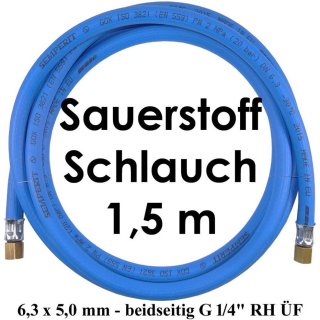 Sauerstoffschlauch 1,5 m HD 6,3 x 5,0 mm 20 bar max. - beidseitig G 1/4" RH ÜF