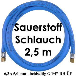 Sauerstoffschlauch 2,5 m HD 6,3 x 5,0 mm 20 bar max. - beidseitig G 1/4" RH ÜF