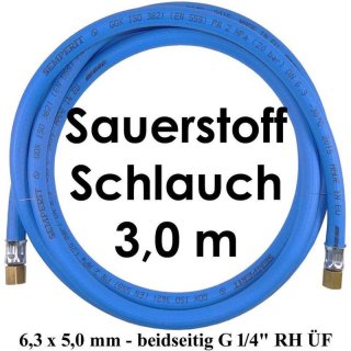 Sauerstoffschlauch 3,0 m HD 6,3 x 5,0 mm 20 bar max. - beidseitig G 1/4" RH ÜF