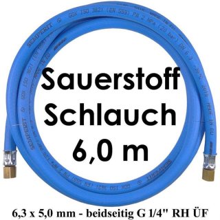 Sauerstoffschlauch 6,0 m HD 6,3 x 5,0 mm 20 bar max. - beidseitig G 1/4 RH ÜF