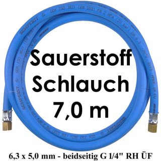 Sauerstoffschlauch 7,0 m HD 6,3 x 5,0 mm 20 bar max. - beidseitig G 1/4" RH ÜF