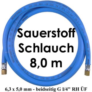 Sauerstoffschlauch 8,0 m HD 6,3 x 5,0 mm 20 bar max. - beidseitig G 1/4" RH ÜF