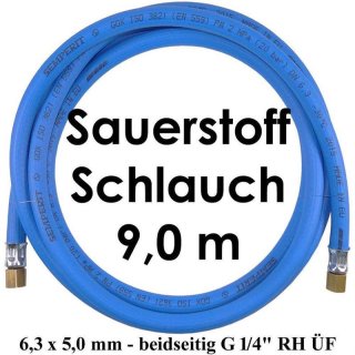 Sauerstoffschlauch 9,0 m HD 6,3 x 5,0 mm 20 bar max. - beidseitig G 1/4" RH ÜF