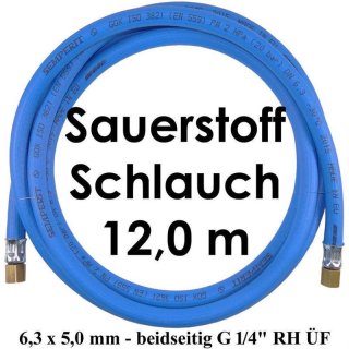Sauerstoffschlauch 12 m HD 6,3 x 5,0 mm 20 bar max. - beidseitig G 1/4" RH ÜF