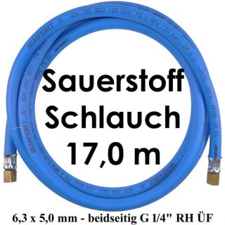 Sauerstoffschlauch 17 m HD 6,3 x 5,0 mm 20 bar max. - beidseitig G 1/4" RH ÜF