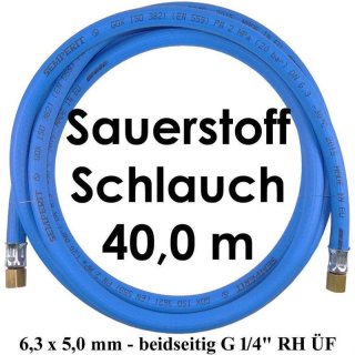 Sauerstoffschlauch 40 m HD 6,3 x 5,0 mm 20 bar max. - beidseitig G 1/4" RH ÜF