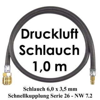 Druckluft Schlauch 6,0 x 3,5 mm mit Schnellkupplung 26 NW 7.2  Länge 1,0 m