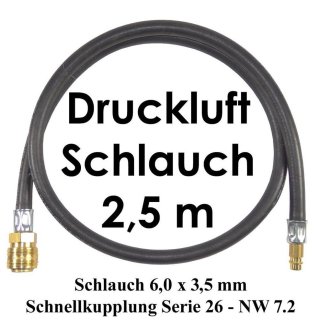 Druckluft Schlauch 6,0 x 3,5 mm mit Schnellkupplung 26 NW 7.2  Länge 2,5 m