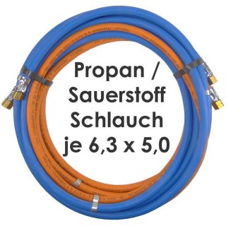 Propan Sauerstoff Schlauch mit Schlauchordnern je 6,3 x 5,0 mm - Länge 6,0 m