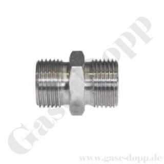 Doppelnippel G 1/4" RH AG x G 3/8" LH AG - beidseitig 45° knd - Länge 32 mm - SW 19 - Edelstahl 14571