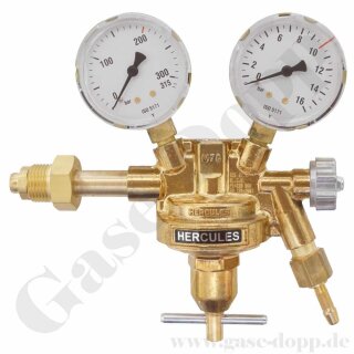 Flaschendruckminderer Stickstoff Italien UNI 4409 / UNI5 - 200 bar 1-stufig bis 10 bar regelbar - Anschluss W21,7x1/14" AG UNI 4409 / UNI5 - Ausgang G 1/4" AG - Messing 4.6 - HERCULES CK1301I