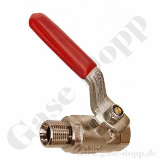 Kugelhahn für Flüssiggas Propan G 3/8" RH AG x 3/8" RH IG - Griff rot - DN10 - PN 40 bar - Gaskugelhahn Außengewinde mit 45° Innenkonus - Messing vernickelt