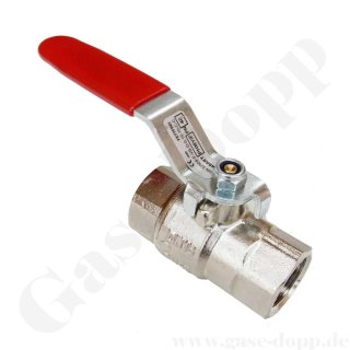 Kugelhahn für Wasserstoff / brennbare Gase G 1/2" RH IG x 1/2" RH IG - Griff Handhebel rot - DN15 - PN 40 bar - Messing vernickelt