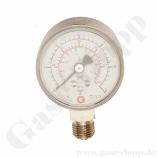 Manometer Ø 50 mm 0 - 6 bar / 4 bar - G 1/4 AG Anschluss (6 Uhr) - Messing verchromt