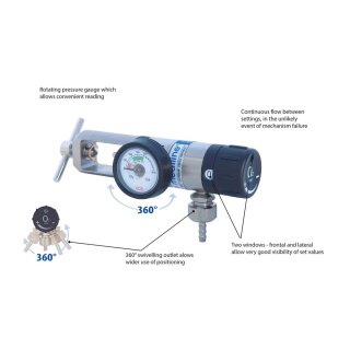 Sauerstoff Druckminderer 200 bar / 0 - 25 l/min - Anschluss PIN-Index - Eingang Links - Ausgang 9/16" UNF AG + Schlauchtülle - Medizinprodukt - MediSelect - GCE 0720128