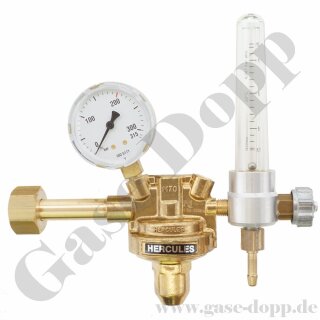 Prüfgas Druckminderer 200 bar / Flowmeter 0 - 16 l/min (Argon) - Eingang DIN 477 Nr.14 / M19x1,5 LH IG ÜM - Ausgang G 1/4" AG - Messing - Hercules - nicht mehr Lieferbar