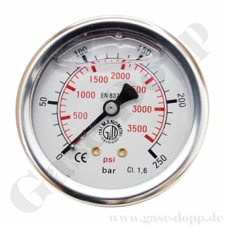 Manometer Ø 63 mm 0 - 250 bar Anzeige - KL 1.6 - Edelstahl - Glyzerin gefüllt - Anschluss rückseitig / hinten - G 1/4" AG