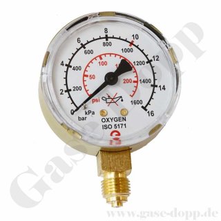 Manometer Sauerstoff 0 - 10 / 16 bar G 1/4" ø 63 mm senkrecht CL 2,5