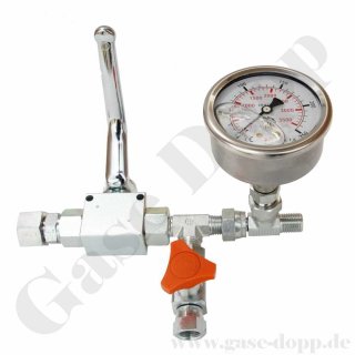 Adapter G 1/4" IG ÜM x G 1/4" AG - mit Absperrung + Entspannung + Prüfmanometer 60 bar - mehrteilig