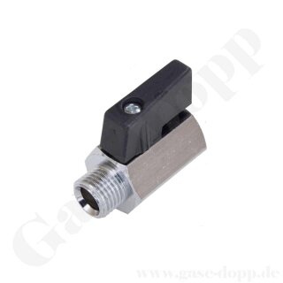 Kugelhahn - G 1/4" AG x G 1/4" IG - Dreh-Griff schwarz - Mini-Kugelhahn für inerte Gase / Druckluft - -10°C bis 70°C (kurzfr. 90°C - DN8 - PN10 bar - Messing vernickelt