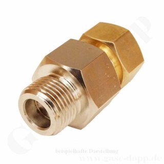 Reduzierung G 3/4" RH AG x M19x1,5 LH IG - Adapter Sauerstoff / Prüfgas - DIN 477-1 Nr.9 x DIN 477-1 Nr.14 - 200 bar - Länge 90 mm - mehrteilig - Messing / Edelstahl