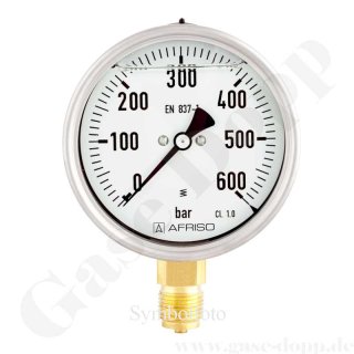 Manometer -1 / 5 bar - Ø 100 mm - KL 1.0 - Rohrfedermanometer - Edelstahl - Glyzerin gefüllt - Anschluss G 1/2" unten - AFRISO D8
