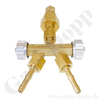 Doppelabzweigventil Propan - Verteiler - W21,8x1/14" LH IG ÜM Kombinationsanschluss G.5 - 2 x W21,8x1/14" LH AG - mehrteilig gedichtet