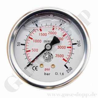 Manometer Ø 63 mm -1 - 1,5 bar Anzeige - KL 1.6 - Edelstahl - Glyzerin gefüllt - Anschluss rückseitig / hinten - G 1/4" AG