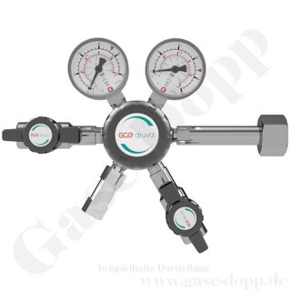 Flaschendruckminderer Prüfgas 200 bar 1-stufig bis 6 bar regelbar - Anschluss M19x1,5 LH DIN 477-1 Nr.14 - mit Eigengasspülung - Ausgang 6 mm KRV mit Absperrventil - EPDM - Edelstahl 6.0 - GCE Druva CSLHESJ