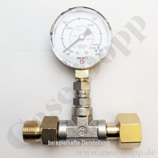 Prüfmanometer 0 - 50 bar - Adapter W21,8x1/14" AG x W21,8x1/14" IG - DIN 477-1 Nr.6 - Manometer bis 80 bar - Messing / Stahl