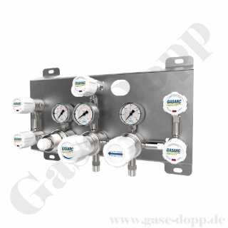 Batteriedruckminderer Entspannungsstation Druckregelstation - automatische Umschaltung - 300 bar - bis 3,5 bar regelbar - 2-stufig - 2 Eingänge 1/4" NPT IG - Ausgang 1/4" NPT IG + Absperrventil - FKM Edelstahl 6.0 - GASARC SGD6041