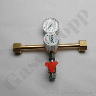 Umfülladapter - Eingang Prüfgas M19x1,5 LH IG ÜM DIN477-1 Nr.14 - Ausgang Argon Helium W21,8x1/14" IG ÜM DIN477-1 Nr.6 - Manometer 0 - 300 bar - mit Entlastung - Messing / Stahl