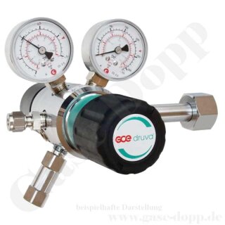 Flaschendruckminderer CGA-180 - 200 bar 2-stufig 0,3 bis 3,0 bar AbsolutDruck regelbar - vakuumtauglich - Anschluss CGA-180 - Ausgang 1/4" KRV - Deuterium - FKM - 3 m³/h - Messing verchromt 6.0 - GCE Druva CPLAVDJ