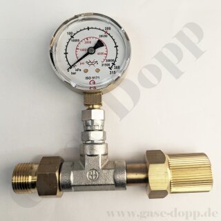 Adapter T-Stück mit 100 bar Manometer W21,8x1/14" AG x W21,8x1/14" IG ÜM Handanschluss - CO2 Prüfmanometer - Edelstahl Manometer 1.6 Glyzerin gefüllt - Messing / Edelstahl