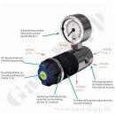 Labor Entnahmedruckminderer auf Wandplatte mit Absperr- & Regulierventil - Messing verchromt - max. 40 bar / 0,5 - 10,5 bar regelbar - Eingang G 1/4" IG oben - Ausgang G 1/4" IG unten - EPDM - GCE DRUVA EMD310008