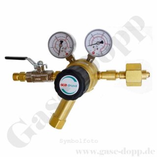 Bündeldruckminderer Wasserstoff 200 bar 1-stufig bis 40 bar regelbar - Anschluss W21,8x1/14" LH IG ÜM DIN 477-1 Nr.1 - Ausgang G 3/8" LH AG - 100 m²/h - Messing - Kugelhahn - GCE Druva CTMH0SJ
