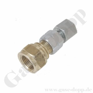 Adapter Propan Ø 14,3 mm IG ÜM konisch dichtend x M14x1,5 IG - L8 vormontiert - passend für AD Ø 15,5 mm knd - Anschluss Adapter - Mehrteilig gedichtet - Messing / Stahl verzinkt