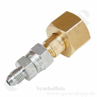 Flaschenanschluss Stickstoff Adapter DIN 477-1 Nr.10 - W24,32x1/14" IG ÜM x 5/8"-18 UNF AG - 200 bar - Messing / Stahl - mehrteilig gedichtet